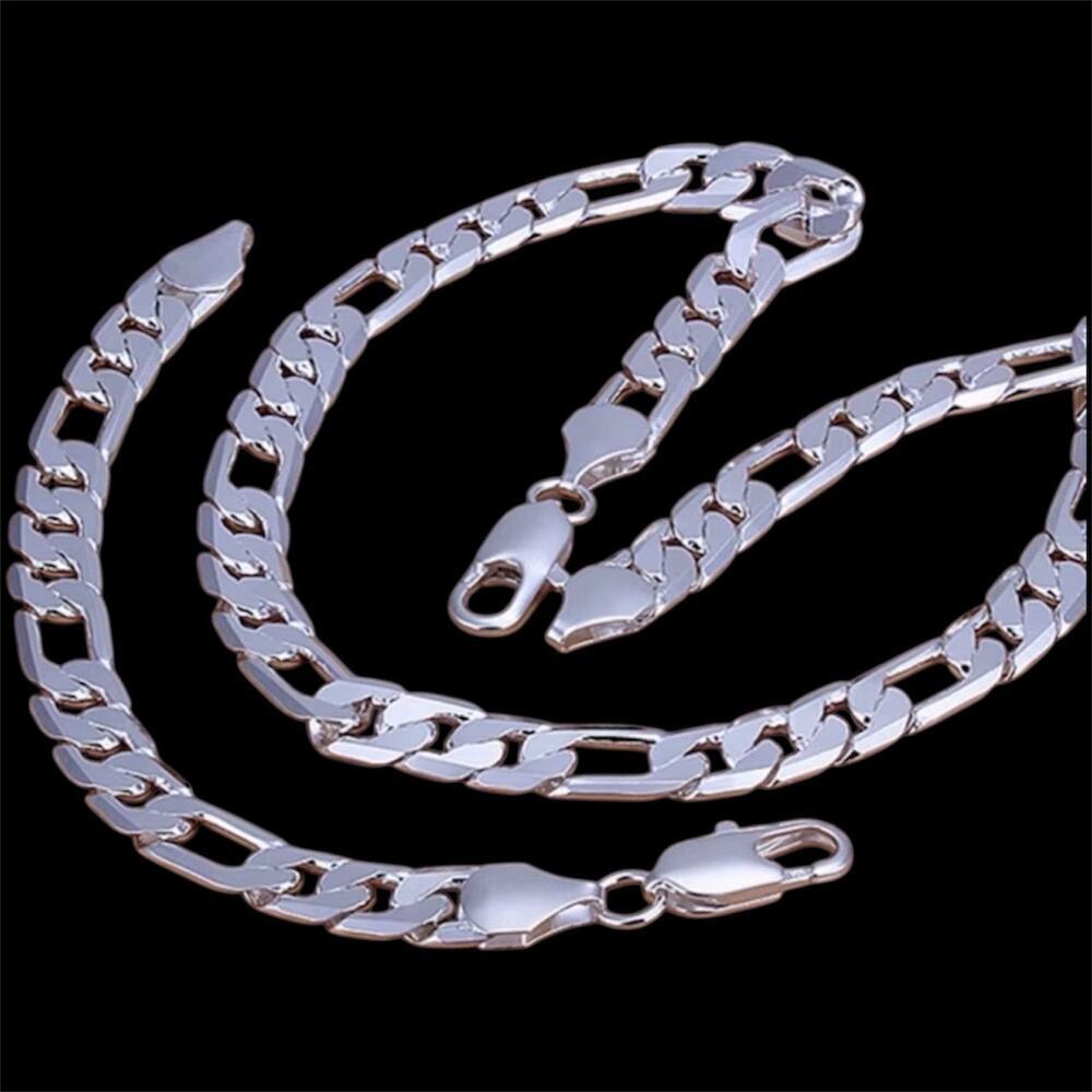 925 Stamped Silver-Color Figaro Chain Set 12MM 22" Necklace & 8" Bracelet